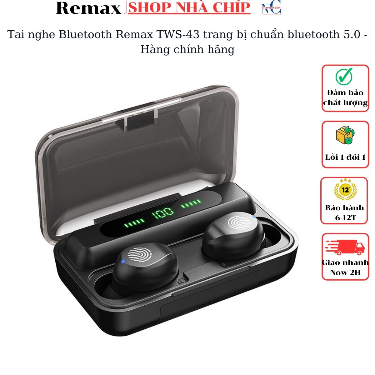 Tai nghe Bluetooth Remax TWS-43 trang bị chuẩn bluetooth 5.0 - Hàng chính hãng