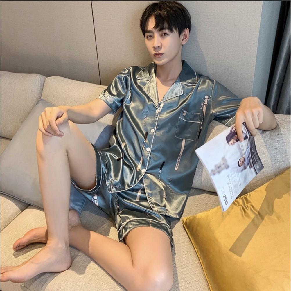 Pijiama nam cộc tay - Đồ bộ nam - đồ mặc nhà nam chất vải lụa satin mềm sang trọng (Hàng có sẵn)
