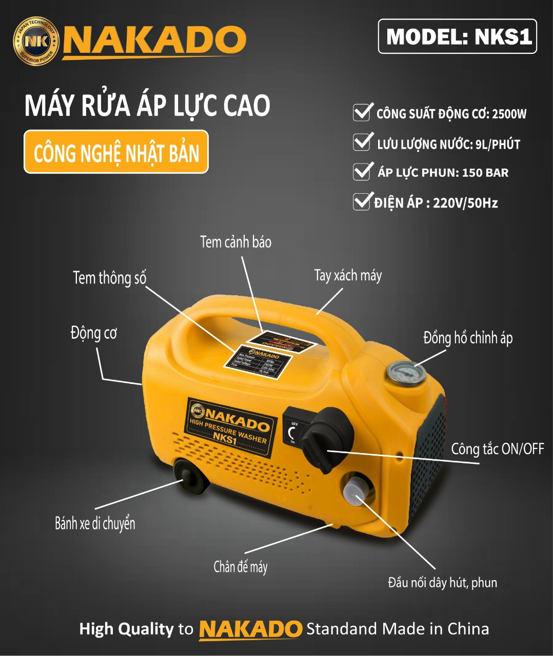 Máy rửa xe áp lực cao NAKADO S1 - Công suất 2500W - JAPAN Technology