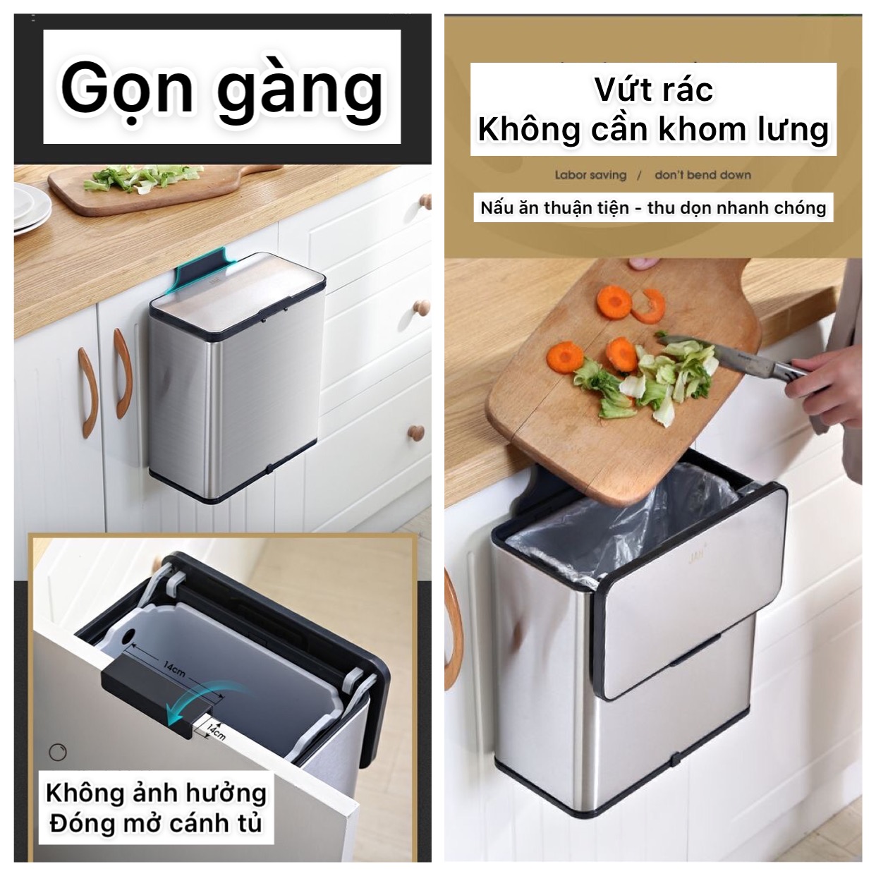 Thùng rác treo tủ nhà bếp, dán tường nhà tắm inox 304 cao cấp