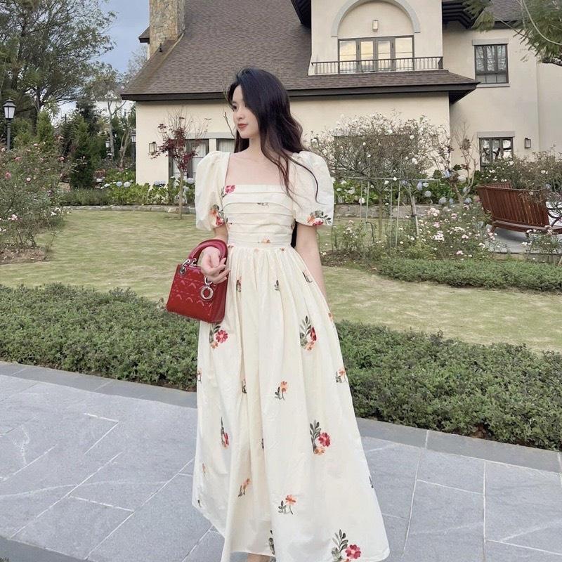 ĐẦM ĐI CHƠI, ĐẦM XÒE DÁNG DÀI CỔ VUÔNG CÚP NGỰC TAY NGẮN PHỒNG CỰC XINH