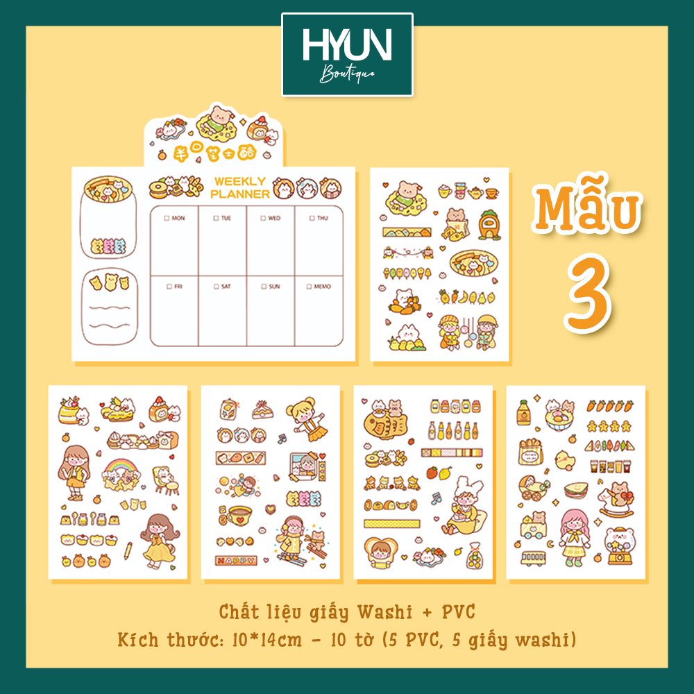 SET 10 tờ Sticker dán PVC và Washi Hyun Boutique Trang trí sổ tay Bullet Journal DIY