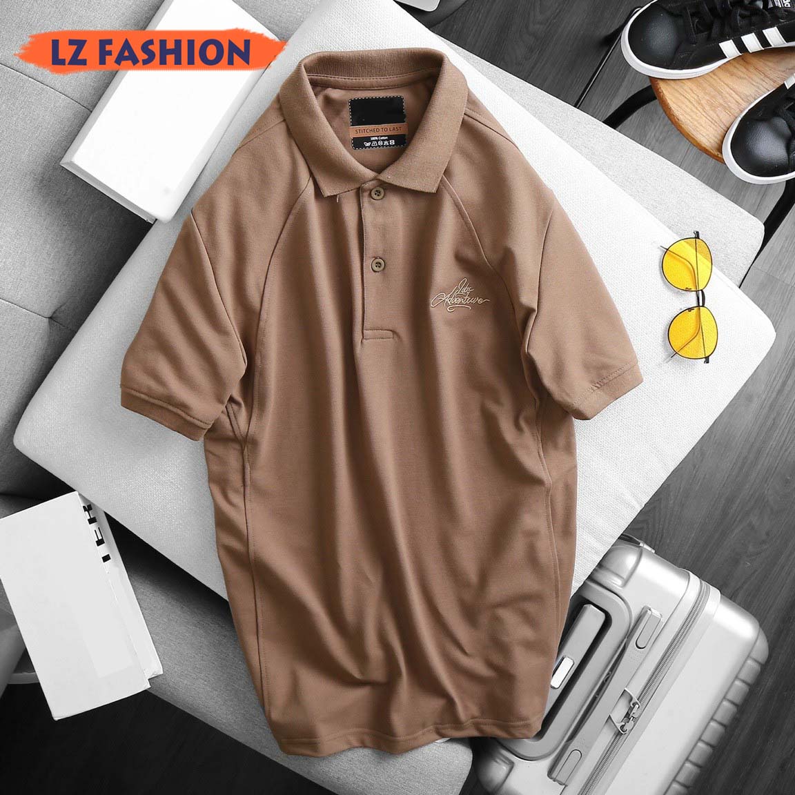 ÁO THUN NAM CỔ BẺ TAY NGẮN MÀU TRƠN LỊCH LÃM, LOGO THÊU ĐẸP MẮT - LZPS150