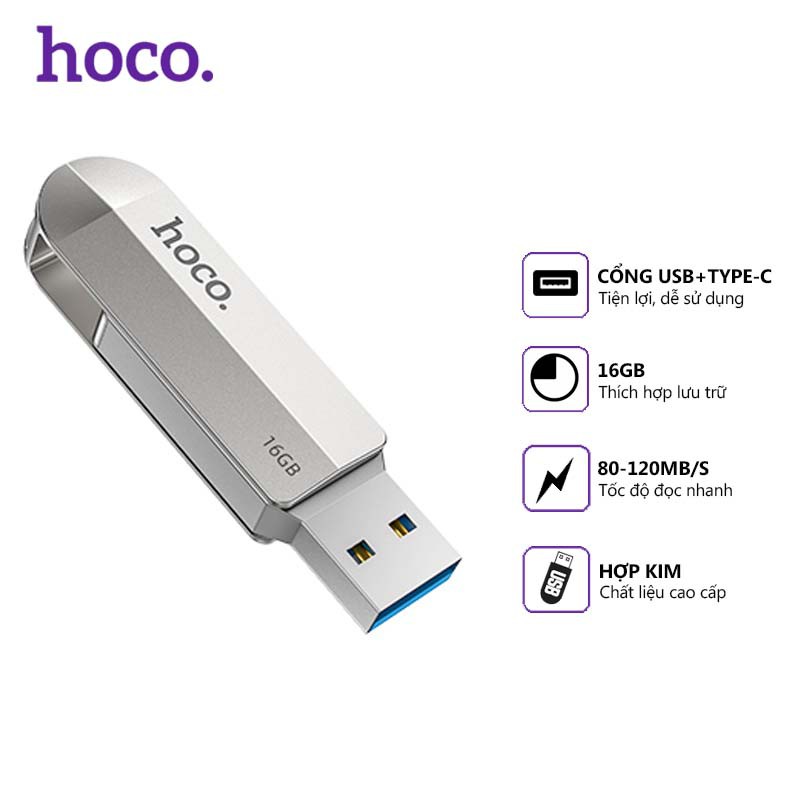 USB 3.0 2 Đầu (USB+Type-C) Tốc Độ Cao Lưu Trữ Tốt Nhỏ Gọn Kẽm Cao Cấp Hoco UD10 - 16GB/32GB/64GB - Hàng Chính Hãng