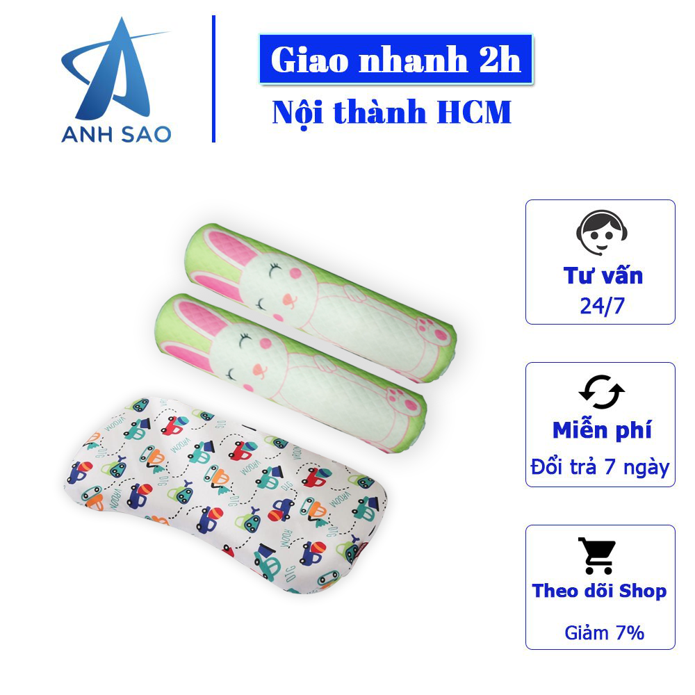 Combo 1 gối nằm chống méo đầu + 2 gối ôm cao su non A dành cho bé sơ sinh