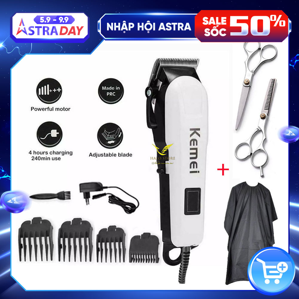 Tông Đơ Cắt Tóc KEMEI 809C Loại Có Dây, Công Suất 12W TẶNG Bộ Kéo + Áo Choàng,Lưỡi Cắt Titatium, Động Cơ Hạn Chế Tiếng Ồn - Máy Hớt Tóc Đa Năng - Hàng Chính Hãng