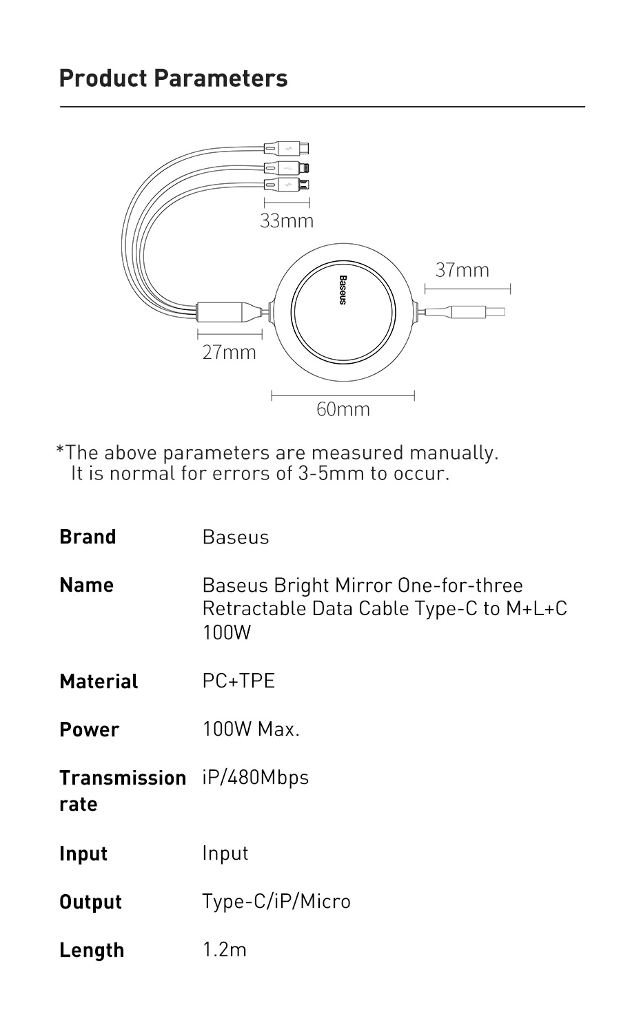 Cáp sạc nhanh dây rút 3 đầu Baseus Bright Mirror 3in1 Retractable 66W/100W (Type C to C/L/M, PD Quick charge Cable) - Hàng chính hãng