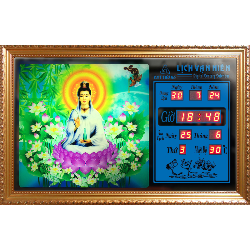 Đồng hồ Lịch Vạn Niên tranh đèn treo tường hiệu Cát Tường_tranh Quan Thế Âm Bồ Tát 55640_KT 55x35x7cm_Có 2 loại (Không remote đèn và Có remote đèn)