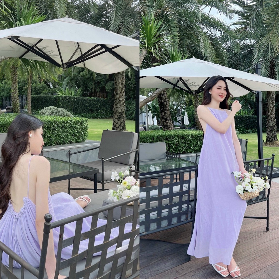 Đầm Maxi tơ dập ly hở lưng