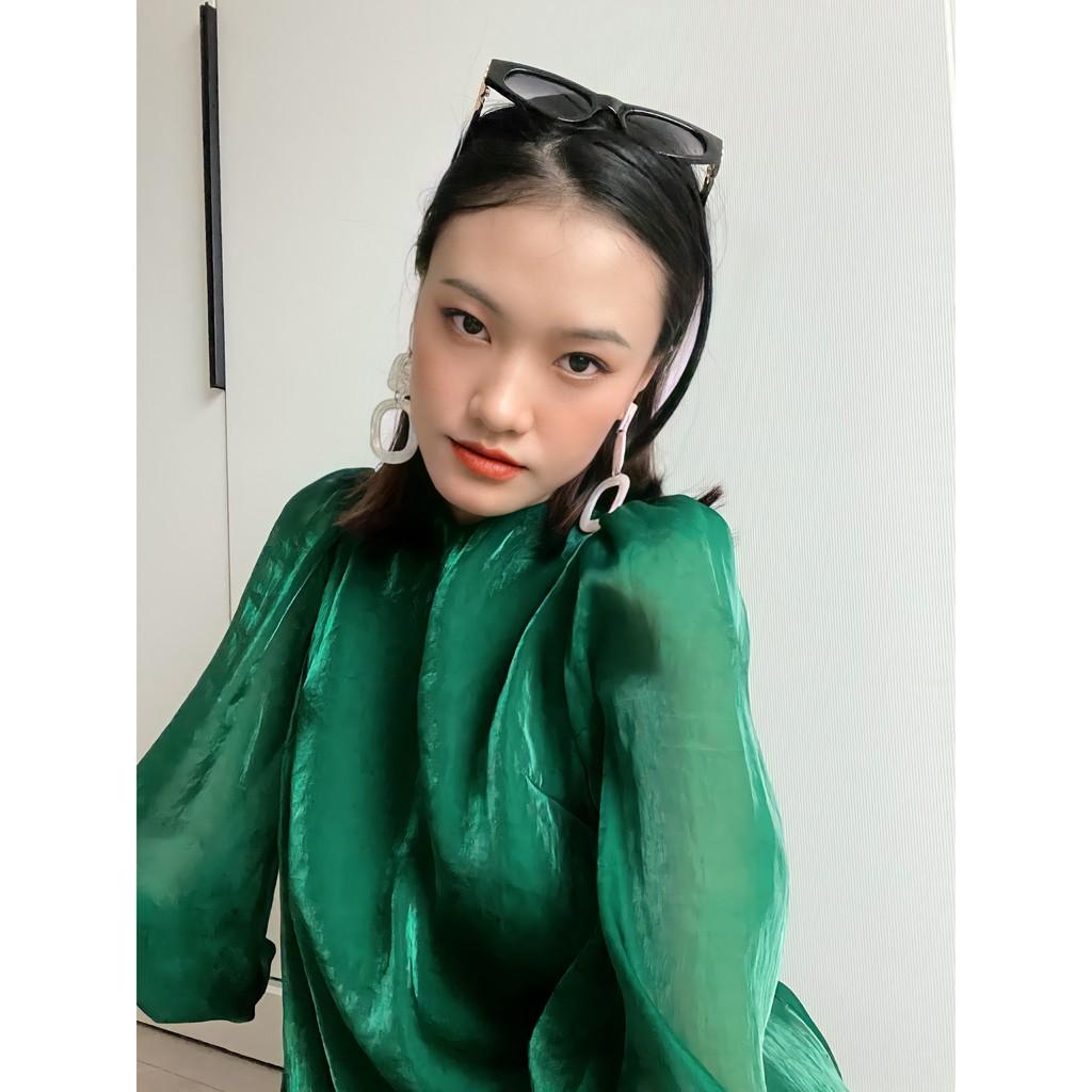 JOVEN-Đầm organza óng ánh xanh lá