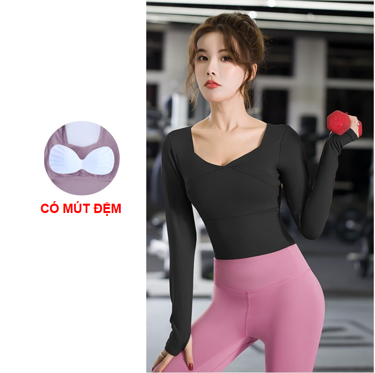 Áo tập gym nữ có mút đệm, áo croptop xỏ ngón ôm body, tôn dáng