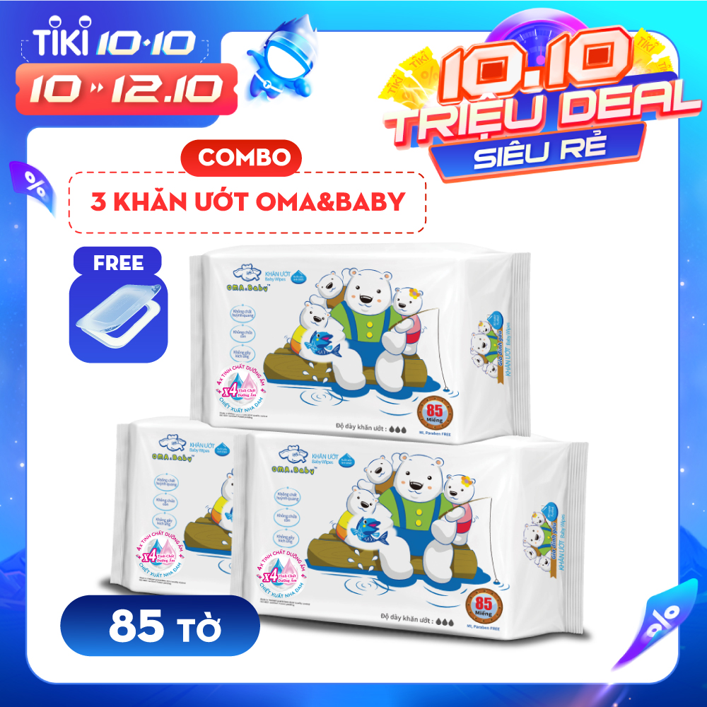 Combo 3 gói Khăn ướt làm sạch tinh khiết dành cho bé Oma&Baby với công thức Chlorhexidine Digluconate kháng khuẩn an toàn, dịu nhẹ trong khăn ( 3 gói 85 tờ ) - Combo 3 packages of  Oma&Baby premium baby wet wipes ( 85 sheets per package)