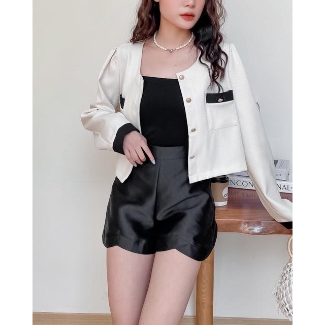 Áo khoác dạ nữ dài tay 2 túi ngực khuy đồng phối viền đen 76a10 by germe