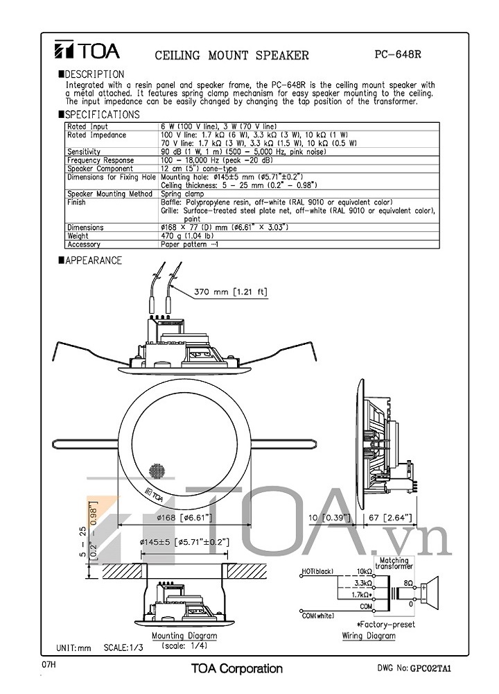 Loa âm trần lưới mịn 6W TOA PC-648R (Hàng chính hãng)