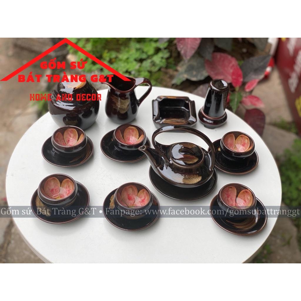 Ấm chén hoả biến Bát Tràng thiên nga hoa trắng