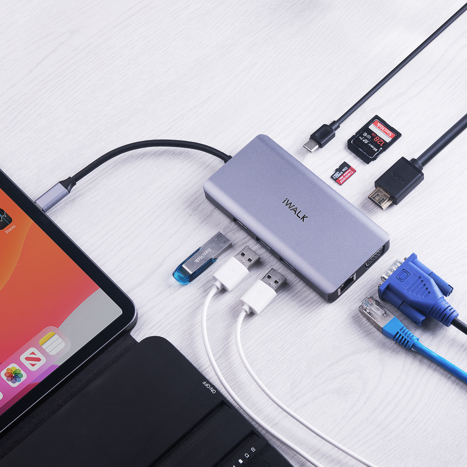 Hub chuyển đổi USB-C iWALK ADH007 9 in 1 4K HDMI, Quick Charge PD 3.0 100W với 9 cổng 3*USB/HDMI/SD/TF/RJ45/VGA/Type C dành cho Macbook Pro, iPad Pro và các thiết bị cổng Type-C - Hàng chính hãng