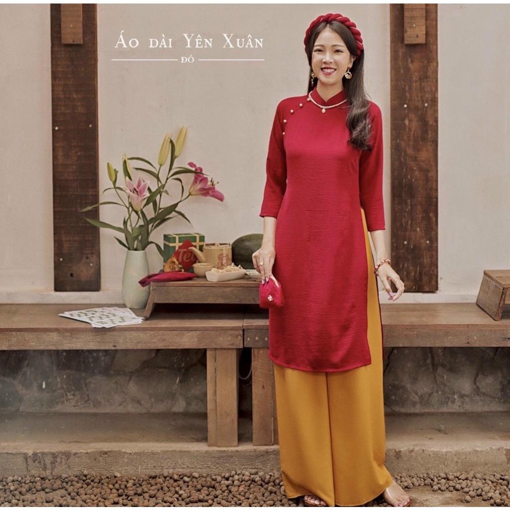 Set áo dài đỏ tay lỡ quần suông đi chùa chúc tết