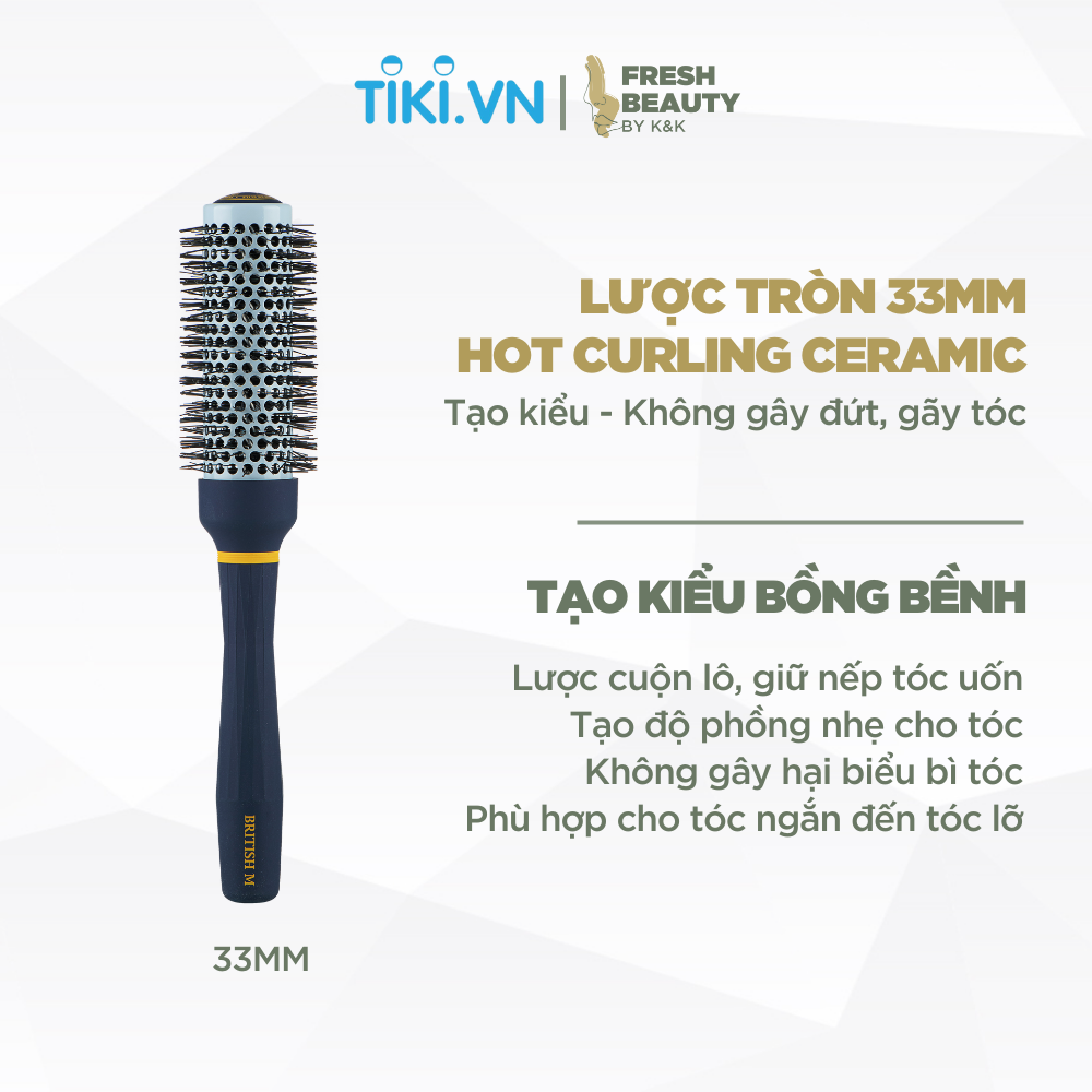 Lược tròn tạo kiểu lọn xoăn, gợn sóng cho tóc ngắn BRITISH M Hot Curling Ceramic Brush 33mm