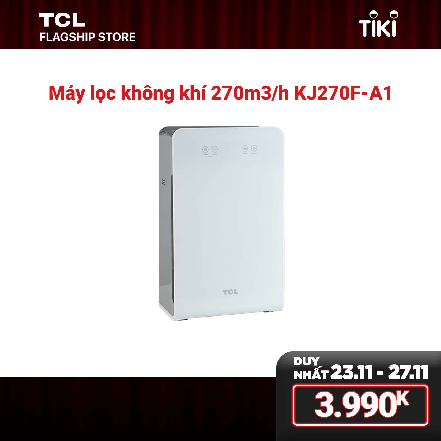 Máy lọc không khí TCL KJ270F-A - Loại bỏ bụi bẩn trong nhà - Tiếng ồn thấp - Hàng Chính Hãng