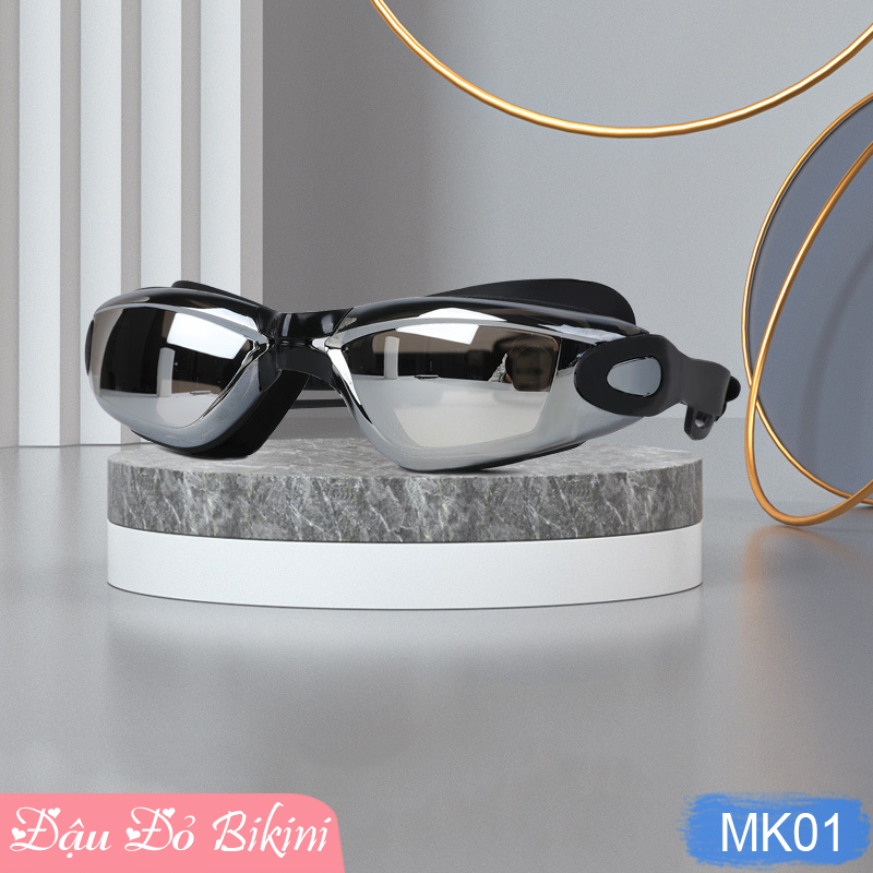 Kính bơi nam nữ &amp; trẻ em lớn tráng gương thời trang, có kèm bịt tai &amp; kẹp mũi, chống nước, chống đọng sương mờ và tia cực tím UV, dây đeo bấm điều chỉnh theo đầu | MK01