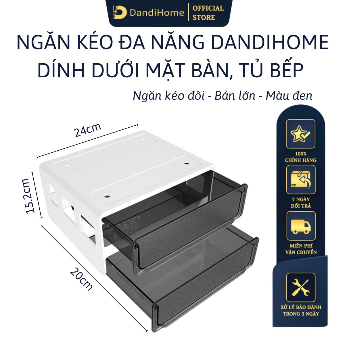 Ngăn Kéo Đa Năng Dandihome Dán Dưới Mặt Bàn Làm Việc Và Tủ Bếp - 2 Tầng To - Màu Đen