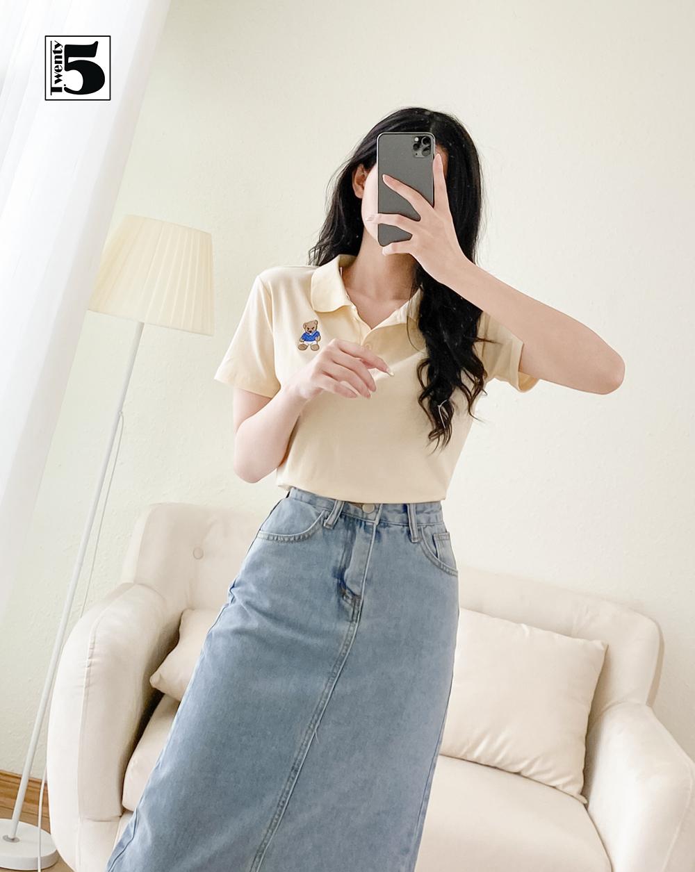 Áo thun polo nữ có cổ, ngắn tay, dáng ngắn croptop, logo con gấu thêu TWENTYFIVE 3799M