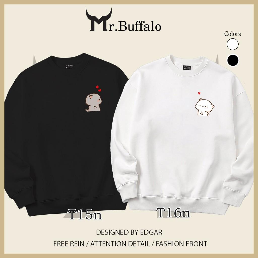 Áo Sweater cặp đôi Mèo mochi T15T16 dễ thương Mr.Buffalo - T16 - ĐEN