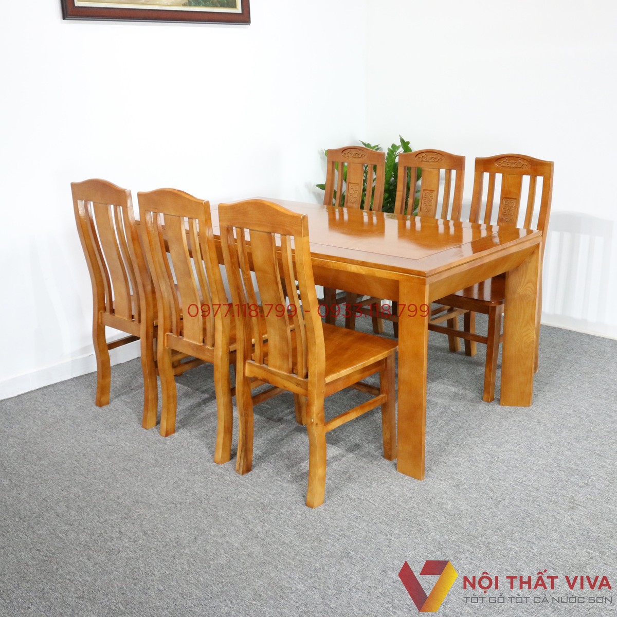 Bàn Ăn 6 Ghế Chân Vát Gỗ Sồi Màu Cánh Gián Hiện Đại Đẹp