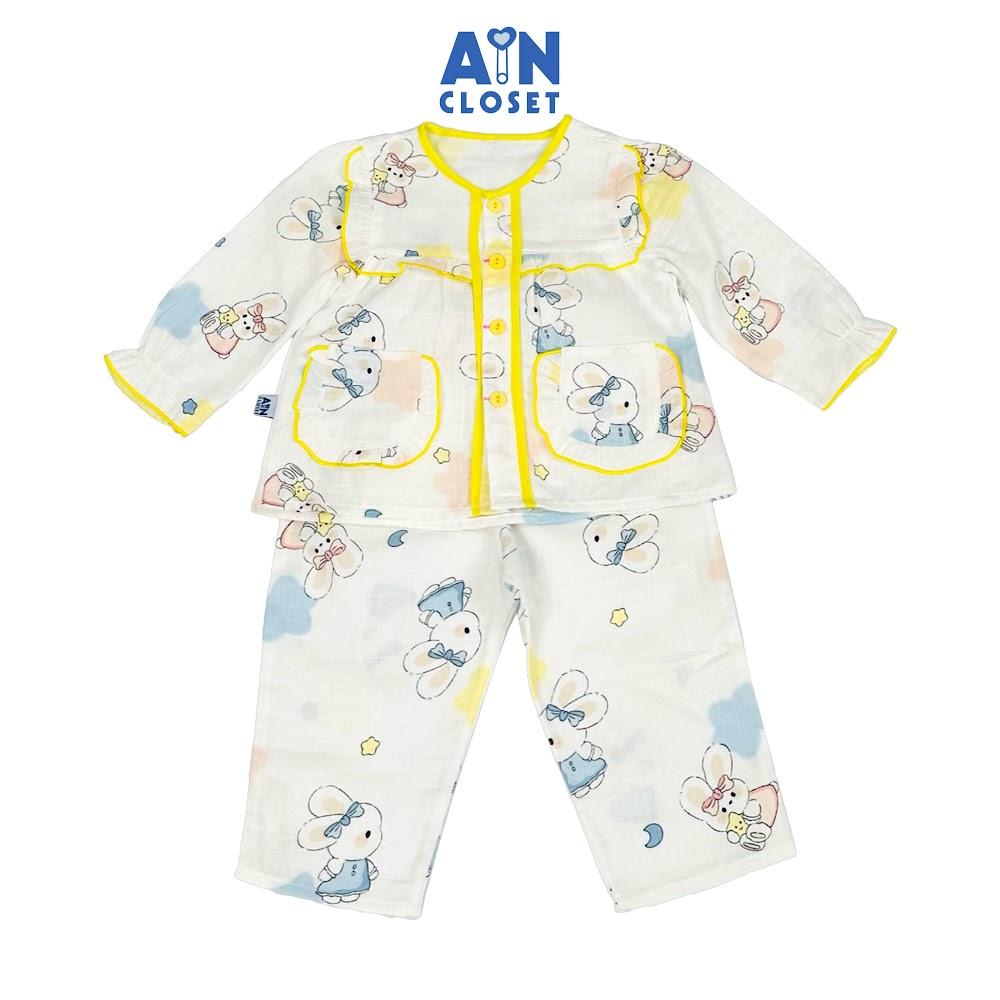 Bộ quần áo Dài bé gái họa tiết Thỏ Xanh Viền Vàng xô sợi tre - AICDBGGXZIDR - AIN Closet
