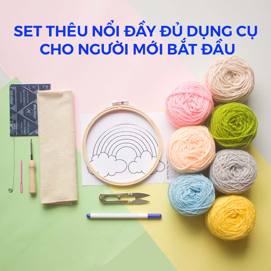 Set Combo Tập THÊU NỔI Dùng Len Đan Móc Đầy Đủ Dụng Cụ Cơ Bản Cho Người Mới Bắt Đầu, Punch Needle Set for Beginners - Chọn màu len