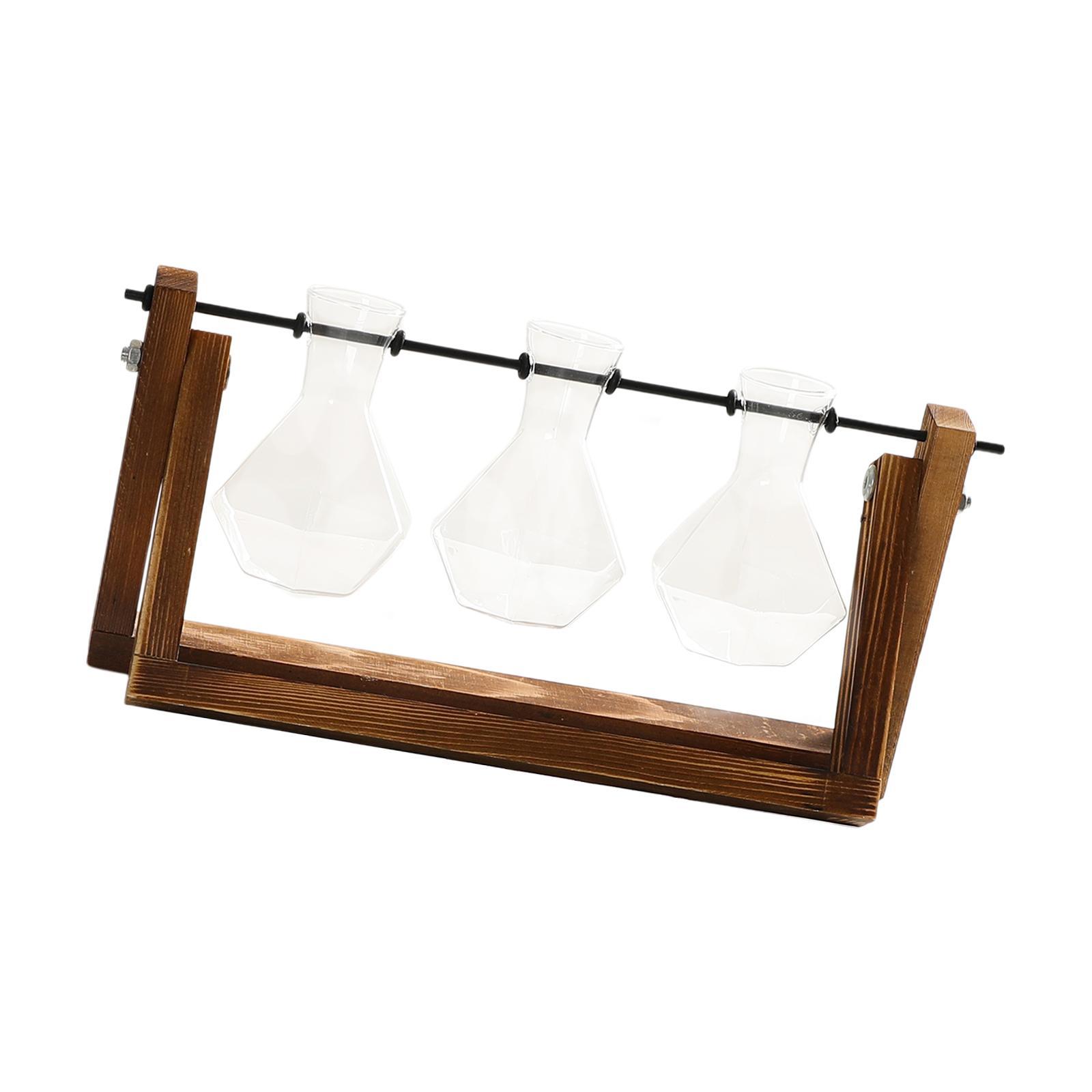 Glass Plant Terrarium Flower Bud Vase Hydroponics Wooden Rack Geometric Shelf