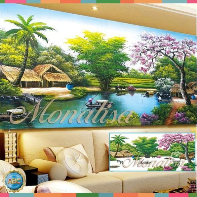 Tranh đính đá phong cảnh làng quê yên bình tuyệt đẹp kt 120*65cm