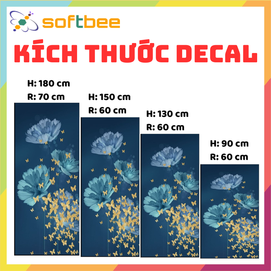 Decal dán tủ lạnh máy giặt chống nước in hình hoa ngài xanh, gồm 4 kích thước lựa chọn