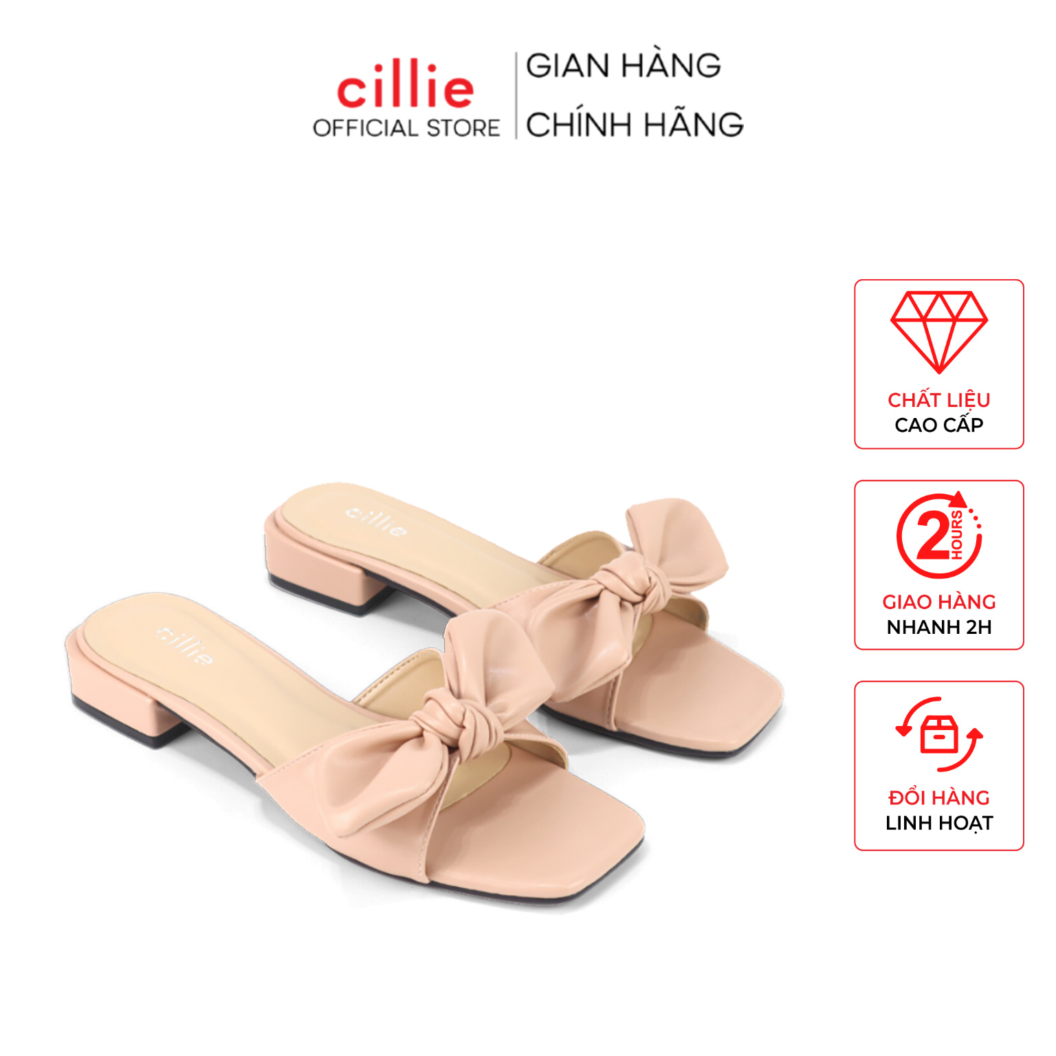 Guốc nữ quai ngang mũi vuông trendy phối nơ độc đáo gót 3cm đi làm đi chơi dạo phố Cillie 1178