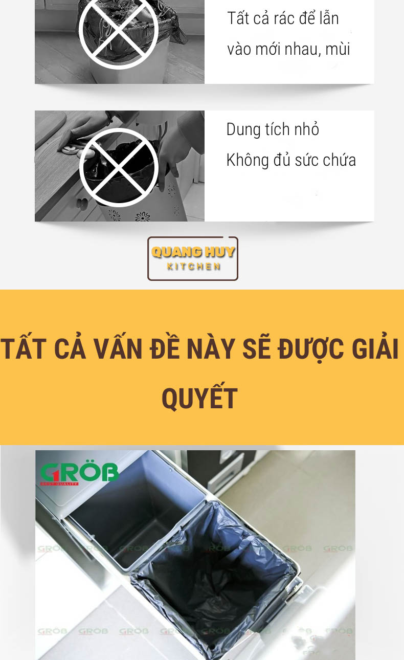 Thùng rác đôi âm tủ bếp hoặc gắn cánh tủ bếp thương hiệu Grob lắp đặt dễ dàng