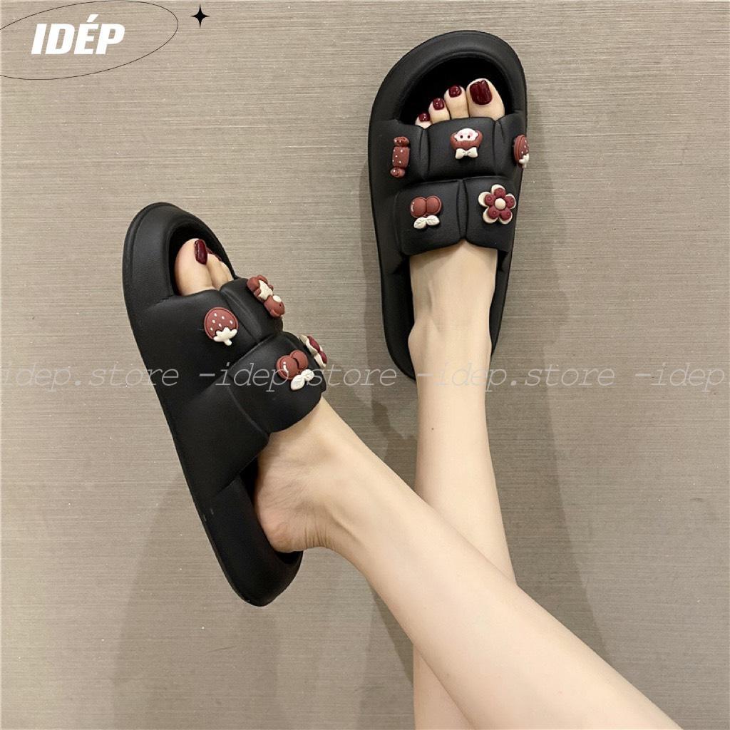 Dép bánh mì vuông sticker GẤU HOA NÂU nữ quai ngang cao 3cm chất EVA siêu nhẹ iDÉP- DL284