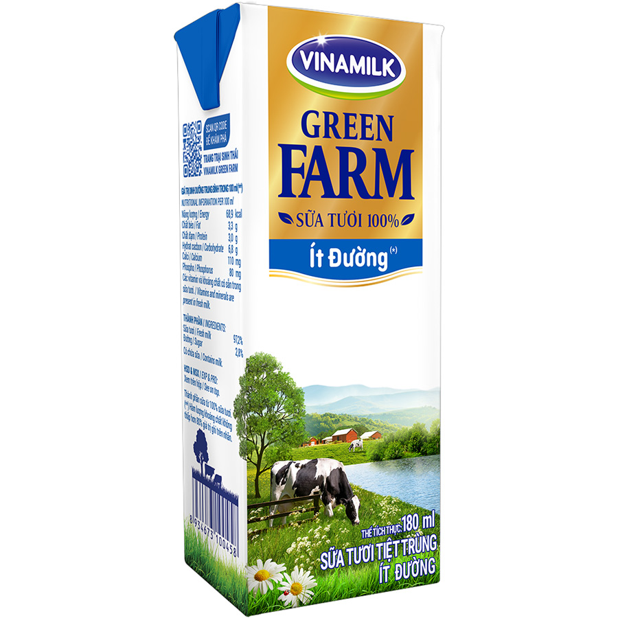 Thùng 48 Sữa Tươi Tiệt Trùng Vinamilk Green Farm - Sữa Tươi 100% Ít Đường 180ml