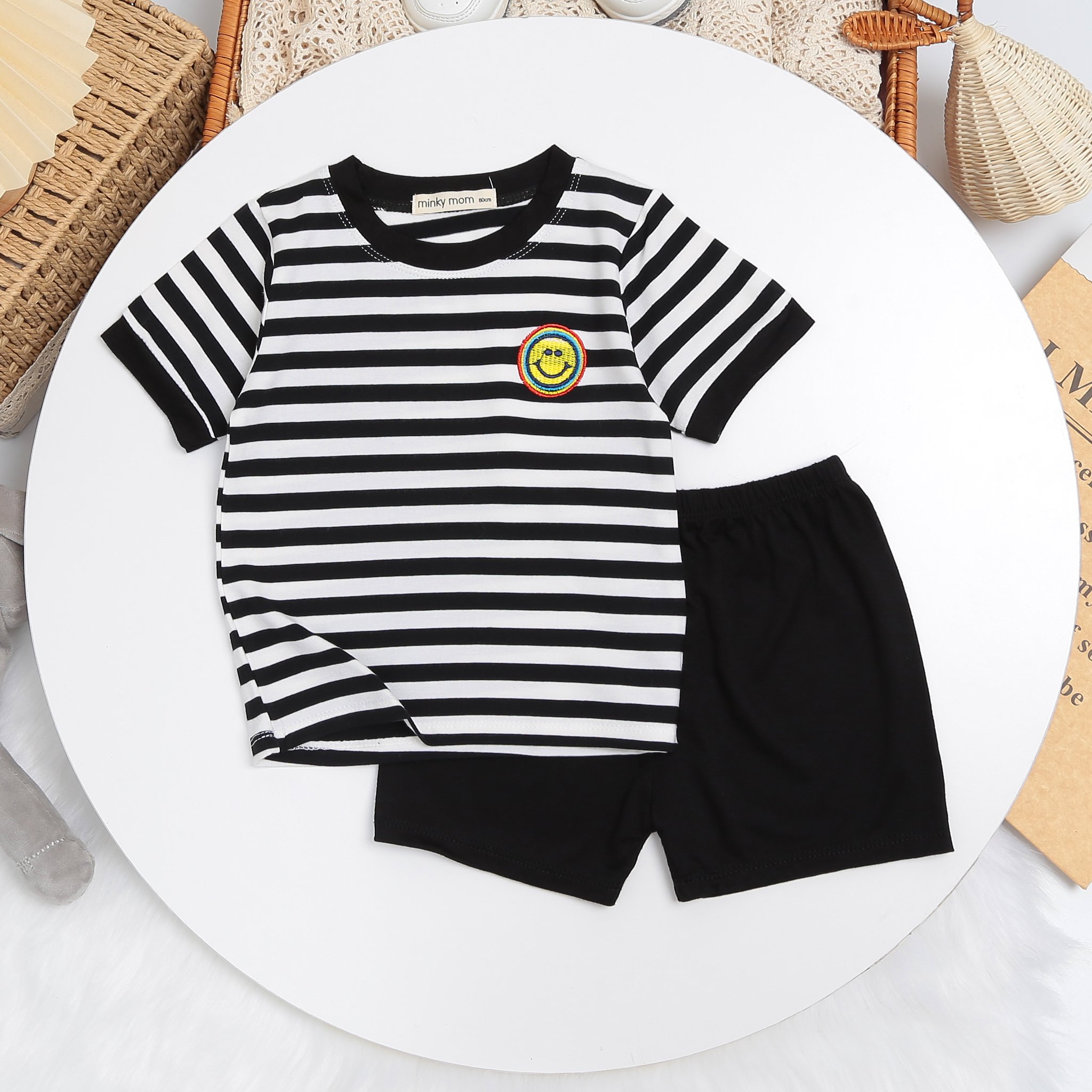 Bộ Quần Áo Bé Gái, Bé Trai Minky Mom Vải Thun Lạnh Hoạ Tiết Sọc Ngang Mặt Cười, Bộ Cộc Tay Cho Bé Mặc Nhà