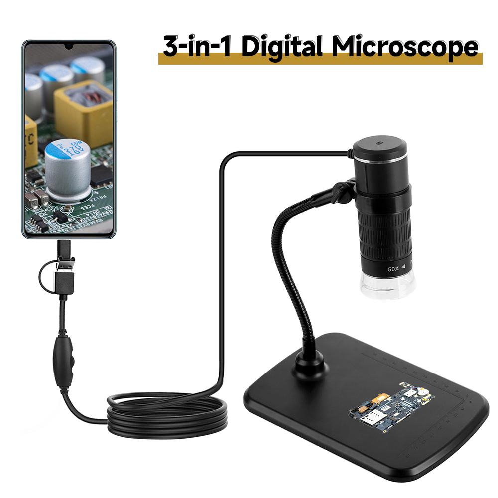 Kính Hiển Vi Kỹ Thuật Số Có Dây 3 Trong 1 1080P Cầm Tay Với Độ Phóng Đại 50X-1000X Kiểu C + Cổng Micro Usb + Cổng Usb