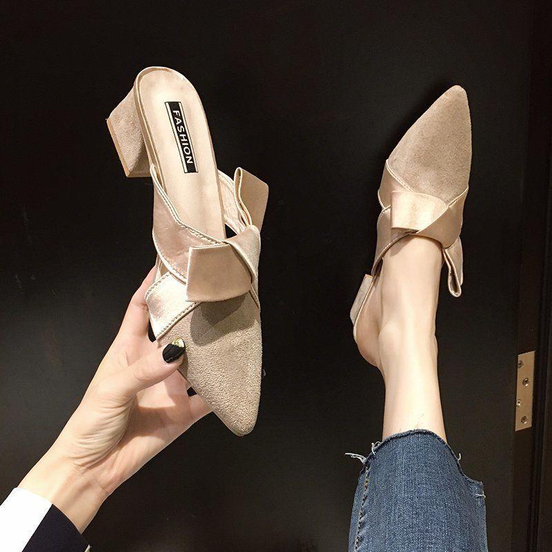 Dép cao gót mũi nhọn đính nơ thời trang mùa hè hàng mới dành cho bạn nữ 2021