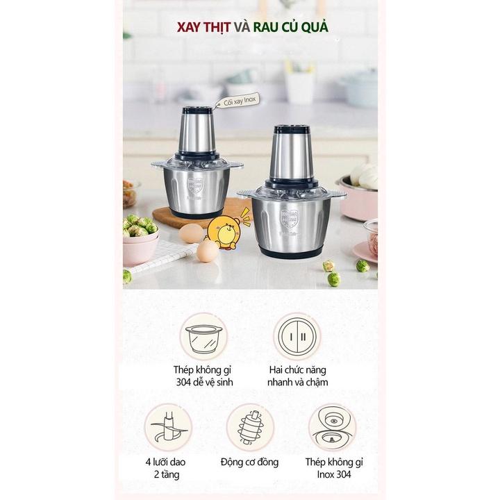 Máy xay sinh tố, máy xay thịt đa năng 2 tốc độ dung tích 2.0 lít, công suất 300W, hai lưỡi dao kép xay thịt cá