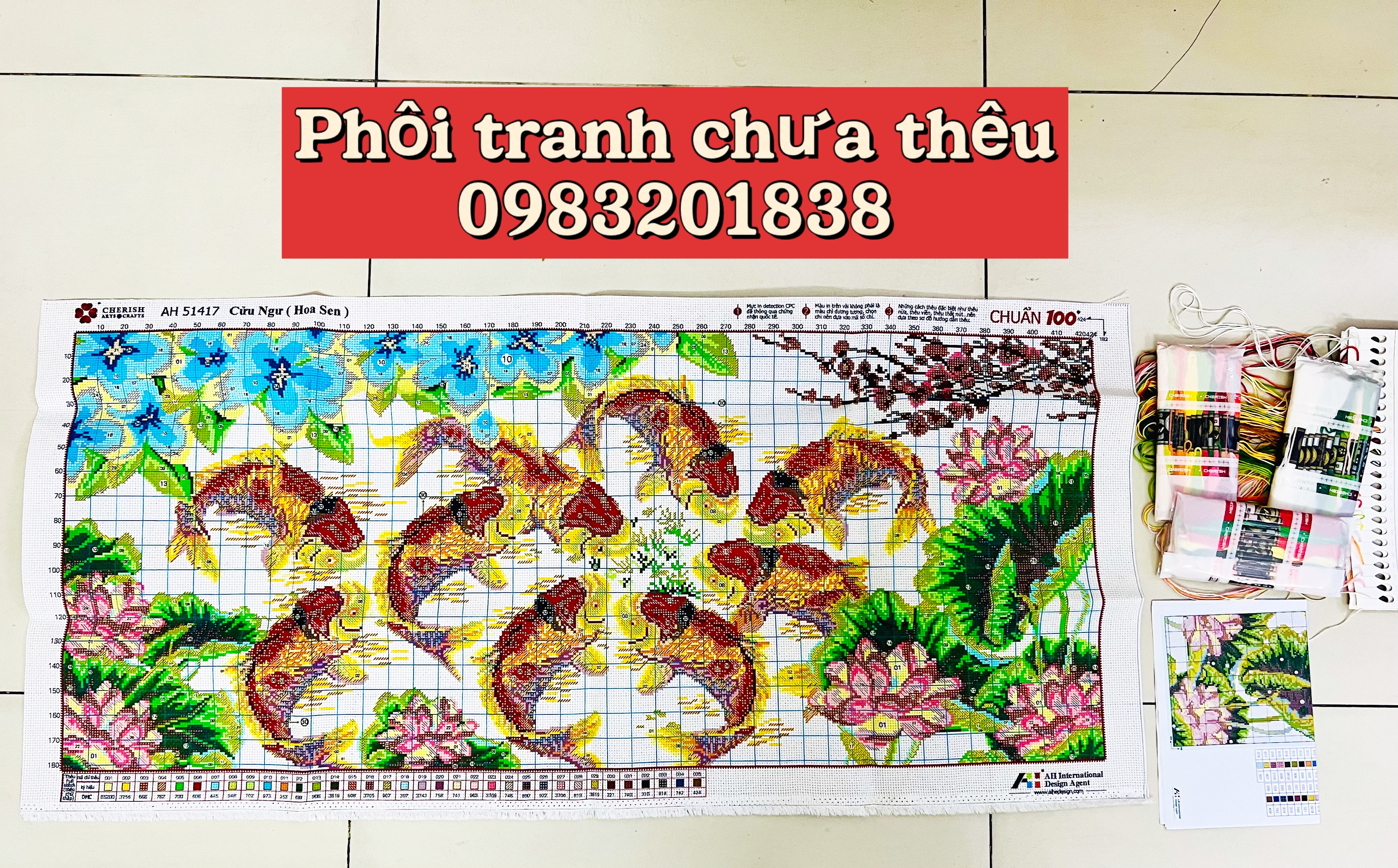 Tranh thêu chữ thập Cửu ngư hoa sen AL51417, nền trắng không thêu, kích thước 108 x 52 cm