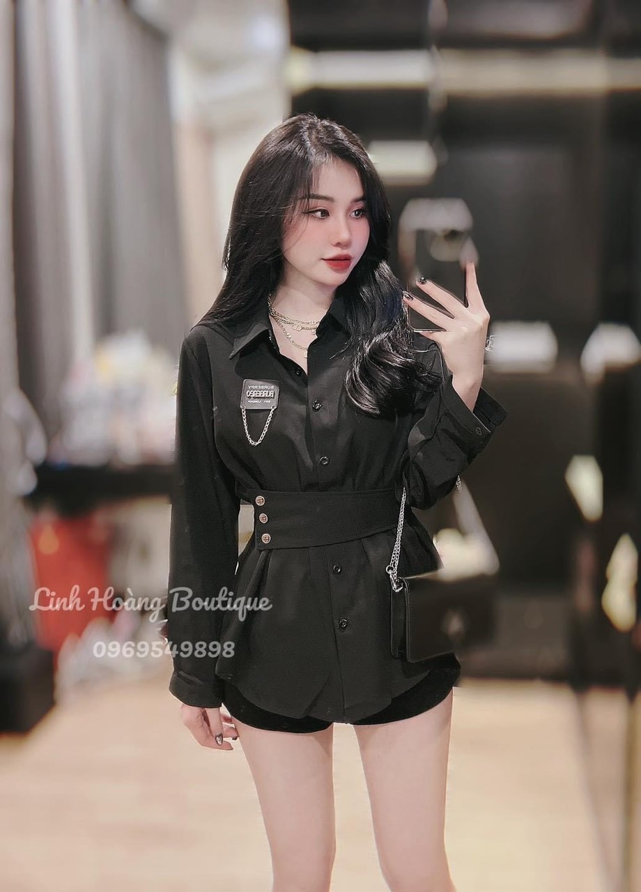 áo sơ mi nữ dáng dài form rộng may logo, áo sơ mi dài tay công sở 3 màu năng động