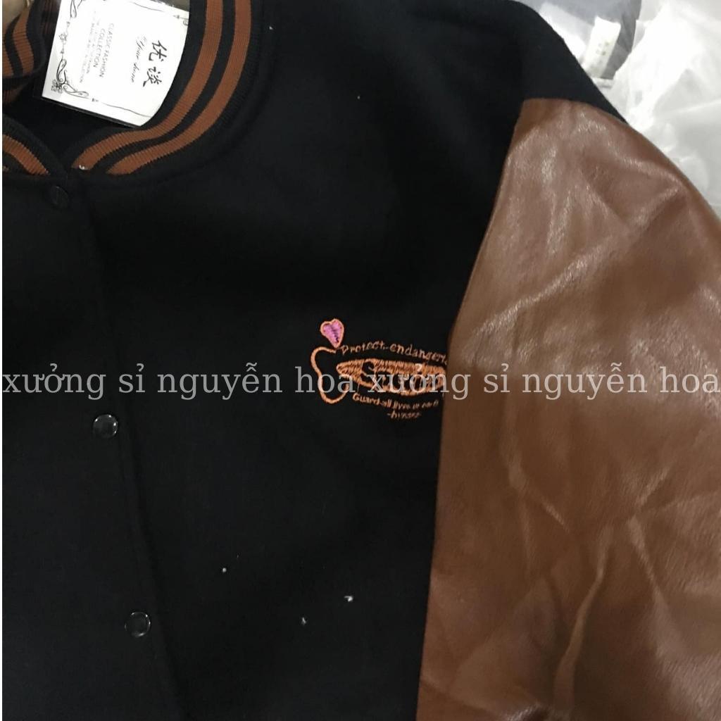 Áo khoác bomber phối tay da nâu trái tim form dáng rộng unisex nam nữ mặc được bao ngầu bao chất
