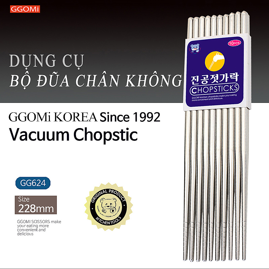 Bộ 10 đôi đũa inox hút chân không siêu nhẹ an toàn cho sức khỏe, dài 28cm GGOMi Hàn Quốc GG624