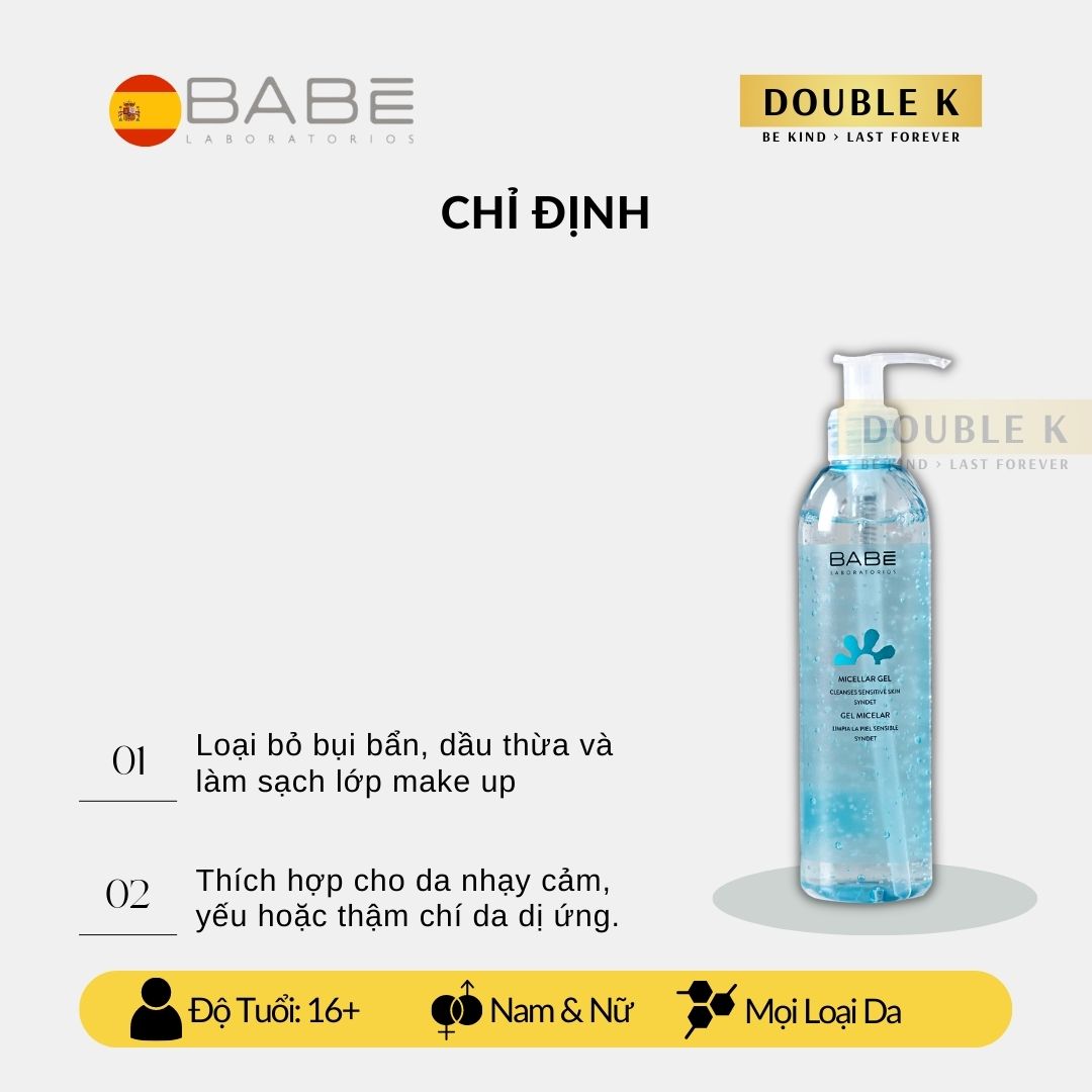 Gel Tẩy Trang và Rửa Mặt BABE Micellar Gel - Dùng Được Cho Da Nhạy Cảm - Double K