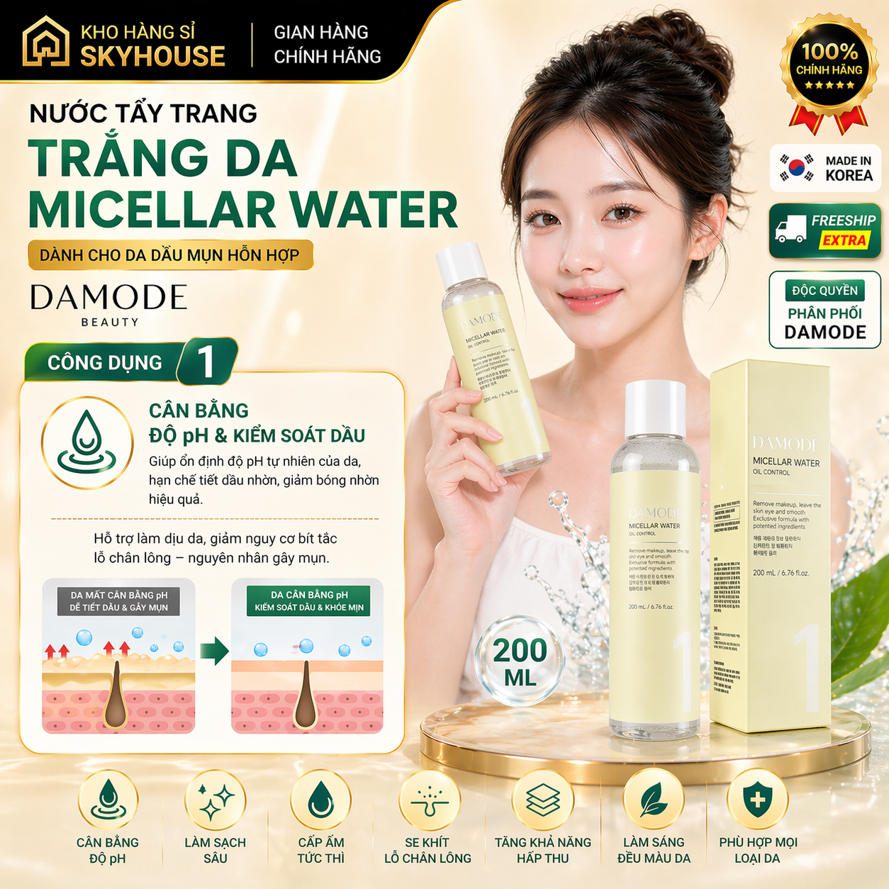 Nước tẩy trang cho da dầu mụn MICELLAR WATER DAMODE chai 200ml nước tẩy trang sạch sâu chính hãng