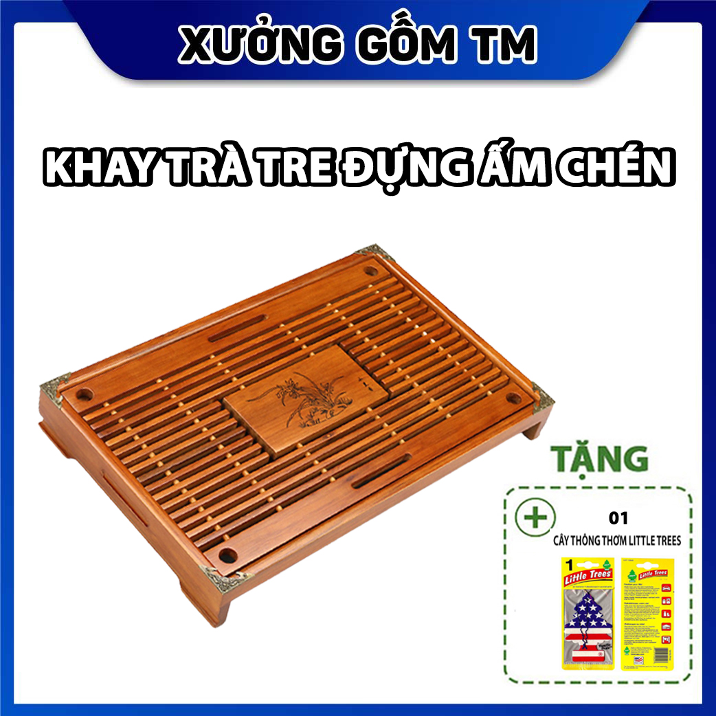 Khay Trà Tre Đựng Ấm Chén Khắc Lan + Tặng 01 Cây Thông Thơm