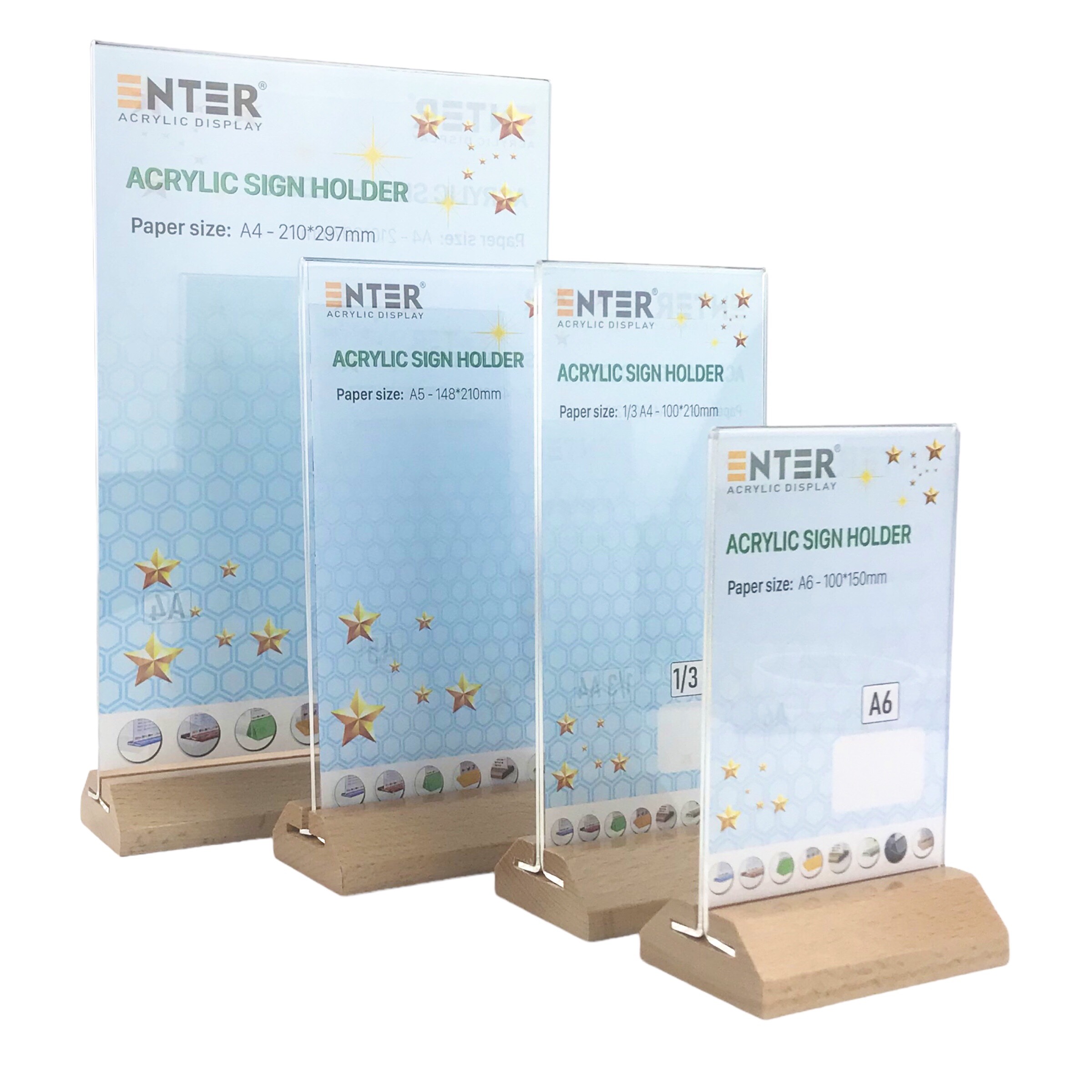Kệ mica 2 mặt Enter E44-A 100x150mm đế gỗ A6 đứng