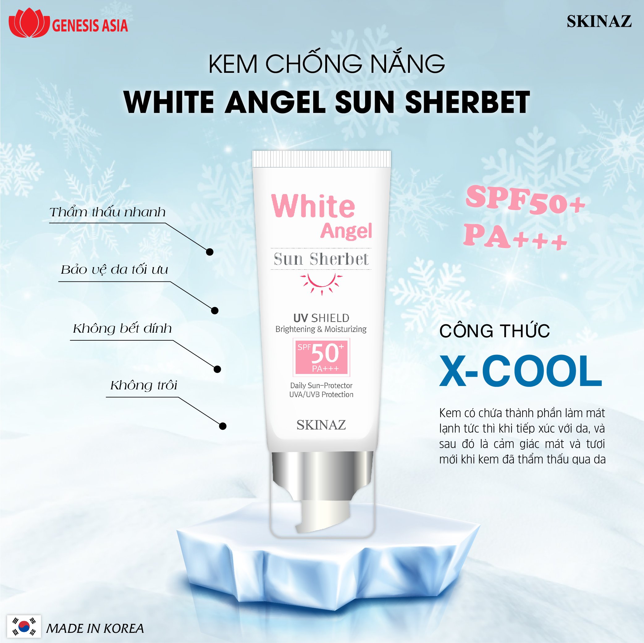 Kem Chống Nắng White Angel Sun Sherbet Skinaz - SPF 50 +, PA +++ Không gây bít tắc lỗ chân lông, tạo cảm giác thoải mái